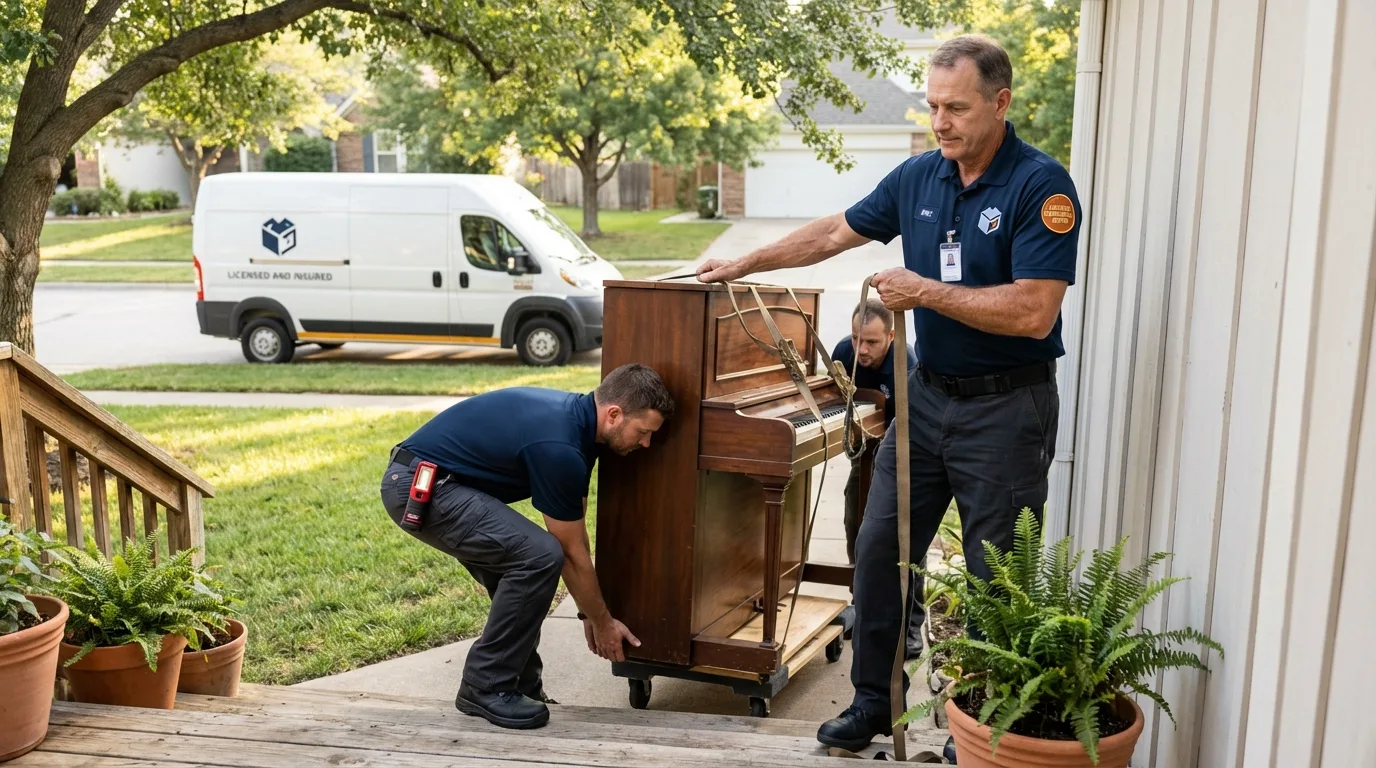 Licensed piano movers securing grand piano in Elm Grove, WI