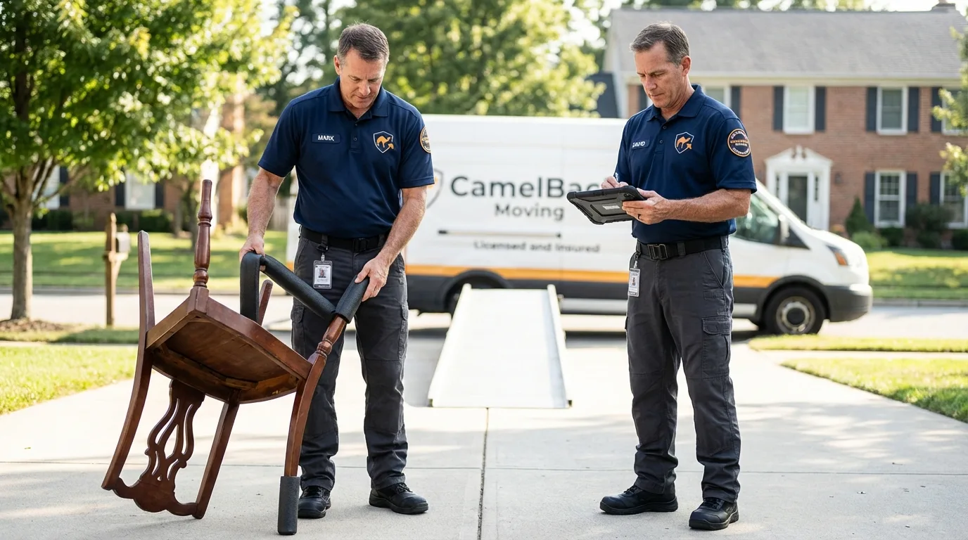 Movers inspecting furniture for damage prevention before loading in Elm Grove, WI