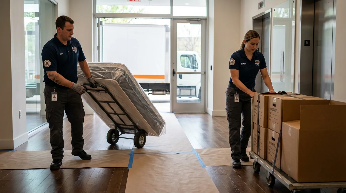 Professional apartment movers loading elevator in Elm Grove, WI