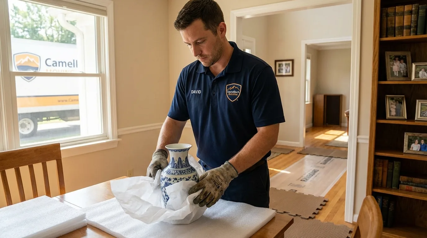 Professional crew carefully wrapping antique vase for senior downsizing move in Elm Grove, WI